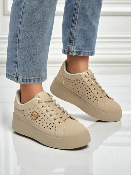 Cleo Ecru Platino – sneakers bej pe platformă Royalfashion piele ecologică