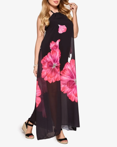 Rochie midi de damă neagră cu flori fucsia- Îmbrăcăminte
