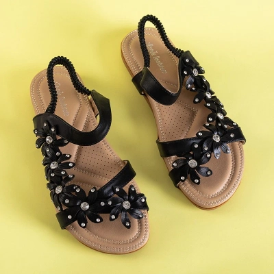 OUTLET Sandale negre de damă cu flori Aflori - Încălțăminte