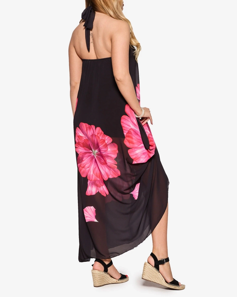 Rochie midi de damă neagră cu flori fucsia- Îmbrăcăminte