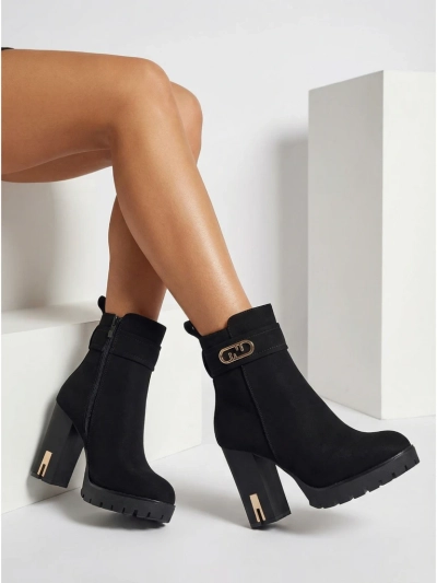 Botine de damă din piele ecologică întoarsă cu toc gros Tovia