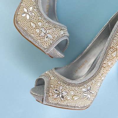 OUTLET Pompă argintie din brocart pentru femei, cu zirconi și perle Gitana - pantofi