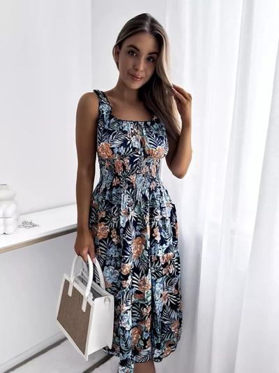 Rochie de damă până la genunchi, albastru marin, cu motiv floral- Îmbrăcăminte