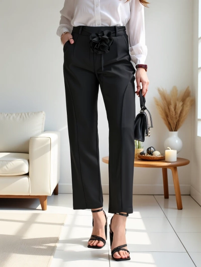 Royalfashion Pantaloni drepți din viscoză pentru femei cu un flori