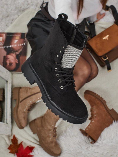 Botine de damă Ferlyne din piele ecologică de căprioară cu șireturi