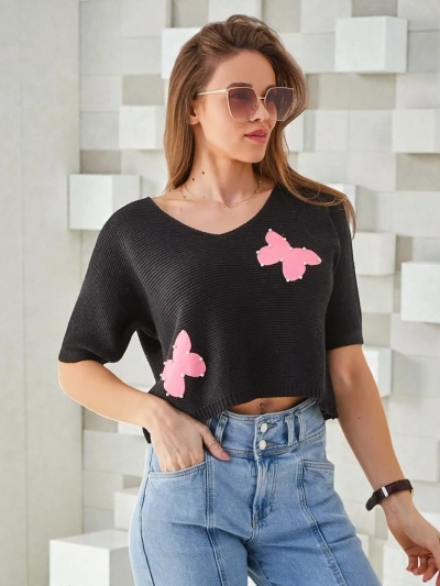 Royalfashion Pulover scurt din bumbac pentru femei cu fluturi