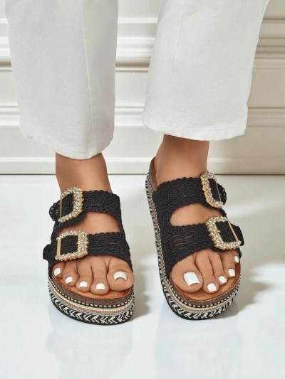 Royalfashion Sandale de damă cu catarame cu pietre strălucitoare GlamCork