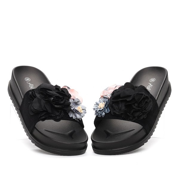 Czarne klapki na platformie z kwiatkami Zariah- Obuwie