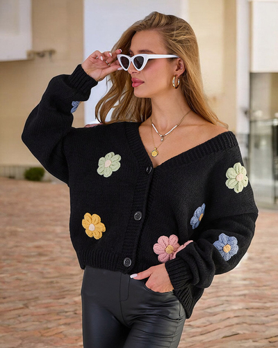 Royalfashion Pulover fără nasturi cu petice de flori pentru femei