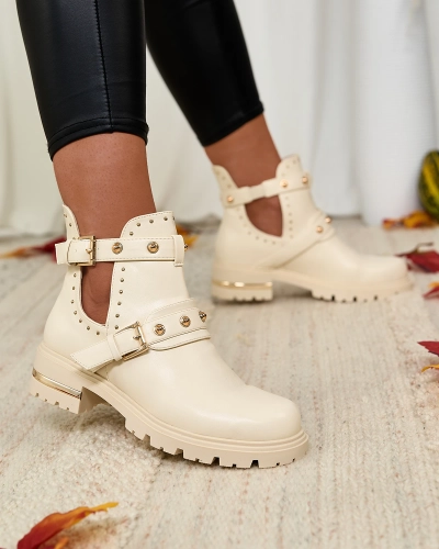 Royalfashion Cream Cizme cu toc plat cu decor Jewel Walk pentru femei
