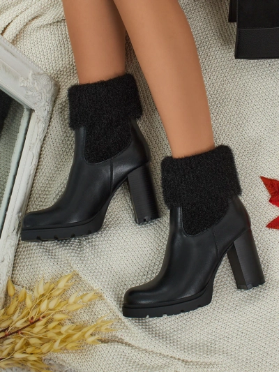 Botine de damă din piele ecologică cu toc gros și tricot Tirave
