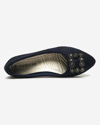 Balerini de dama din piele intoarsa ecologica albastru bleumarin cu ornament Linselisa - Pantofi