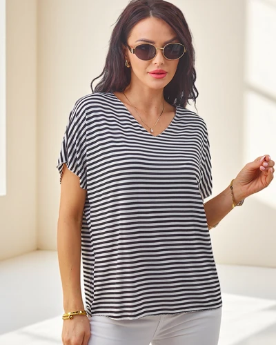 Bluză din vâscoză striped Royalfashion pentru femei, cu mâneci scurte și finisaj strălucitor