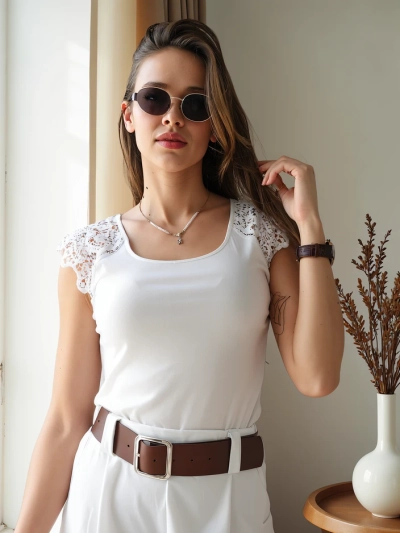 Tricou din bumbac pentru femei Royalfashion cu mâneci din dantelă