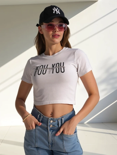 Royalfashion Top Cropped din Bumbac pentru Femei cu Inscripția