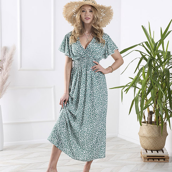 Rochie de damă verde închis, floral, cu decolteu plic - Îmbrăcăminte