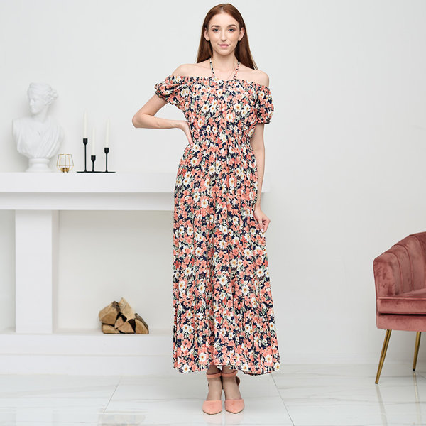 Rochie lungă de damă bleumarin cu flori de coral - Îmbrăcăminte