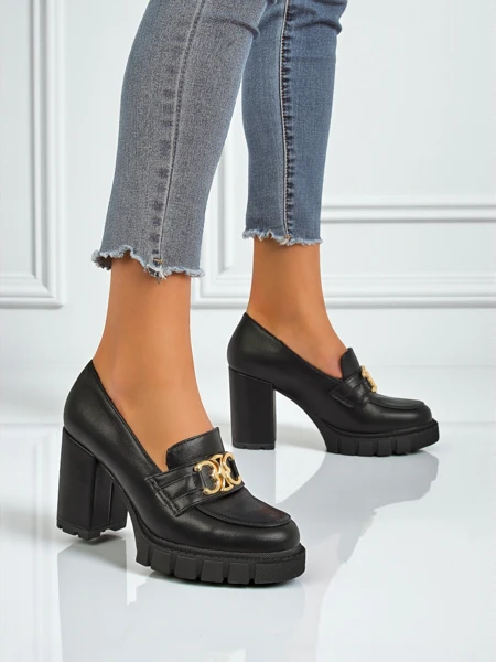 Zapatos de salón de mujer Nero Aurora con tacón de bloque y hebilla dorada, piel ecológica