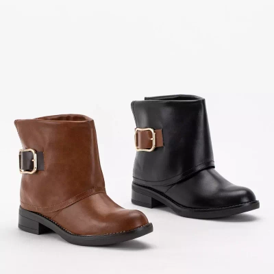 OUTLET Botine negre dama din piele ecologica cu toc plat Tera - Pantofi