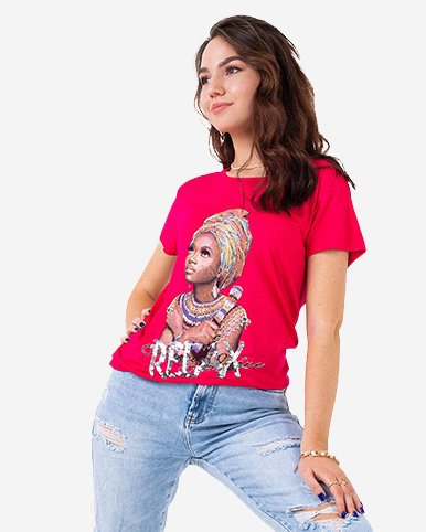 Tricou dama fucsia cu imprimeu colorat si paiete - Imbracaminte