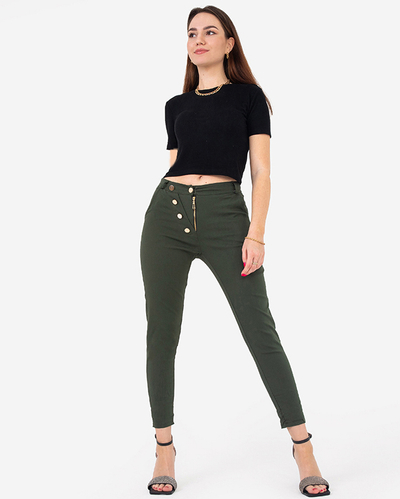 Pantaloni de dama din stofa verde cu nasturi decorativi - Imbracaminte