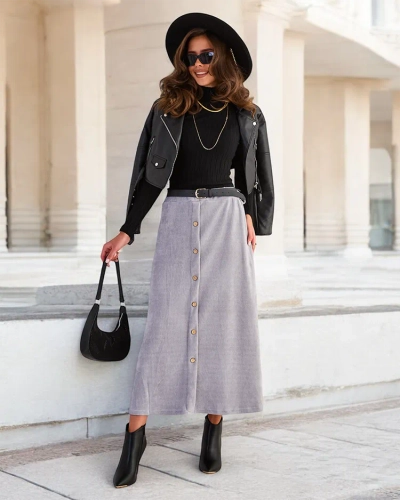 Royalfashion Fustă midi pentru femei cu nasturi decorativi