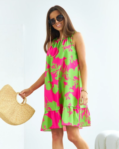 Royalfashion Rochie scurtă cu flori pentru femei verde-roz