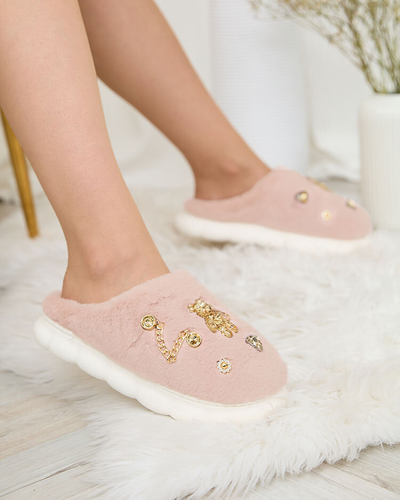 Royalfashion Papuci de blană pentru femei roz cu ornamente Erserra