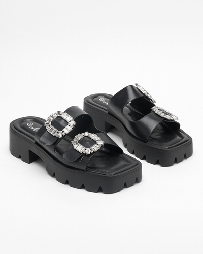 Papuci negri dama cu ornamente zircon Sadoh - Incaltaminte