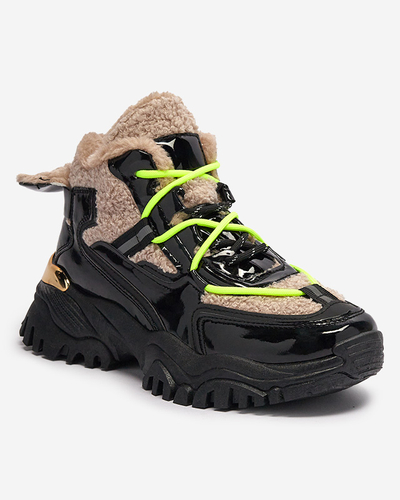Pantofi sport de damă negri cu blană și șireturi galben neon Adbo- Footwear