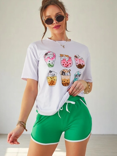 Set sportiv Royalfashion pentru femei cu tricou și pantaloni scurți Kitty Cat