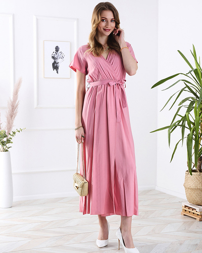 Rochie lungă roz de damă cu croială - Îmbrăcăminte
