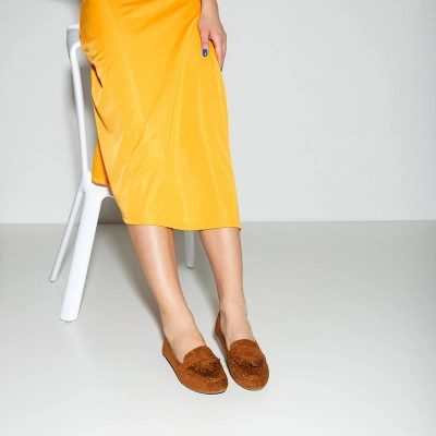 OUTLET Mocasini de damă ecologică de culoare camel cu franjuri Daiane - Încălțăminte