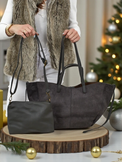 Geantă de damă shopper eco din piele întoarsă cu o geantă mai mică din piele eco inclusă, set 2 în 1 Elinea