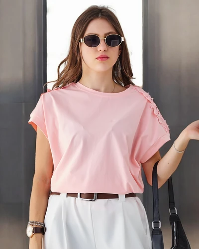 Royalfashion Tricou din bumbac pentru femei cu mâneci din dantelă