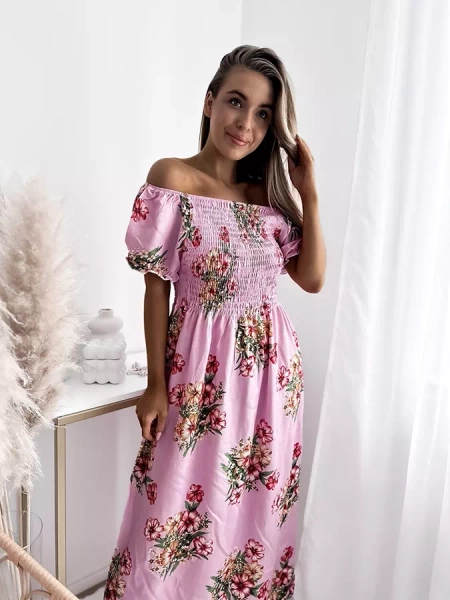 Rochie midi roz de damă cu model floral - Îmbrăcăminte