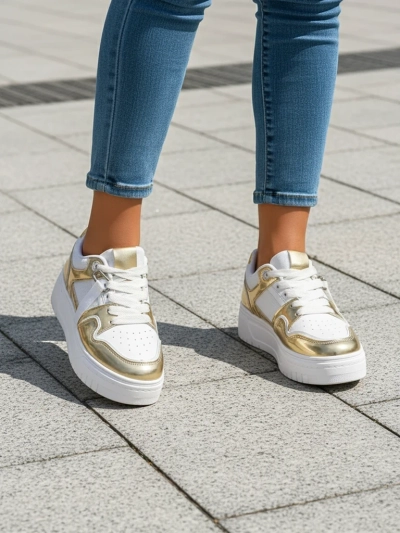 Sneakers Dama 'Aurelia' Auriu-Alb cu Platformă de 4cm - Stil și Confort