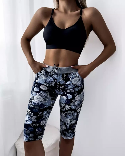Pantaloni scurți 3/4 de damă albaștri cu model floral - Îmbrăcăminte