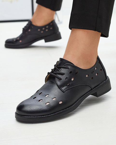 Pantofi de damă cu șiret din piele ecologică traforată, de culoare neagră Selofso- Footwear