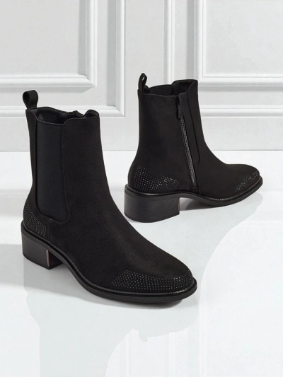 Botine de damă din piele ecologică întoarsă, decorate cu zirconii TangleMist