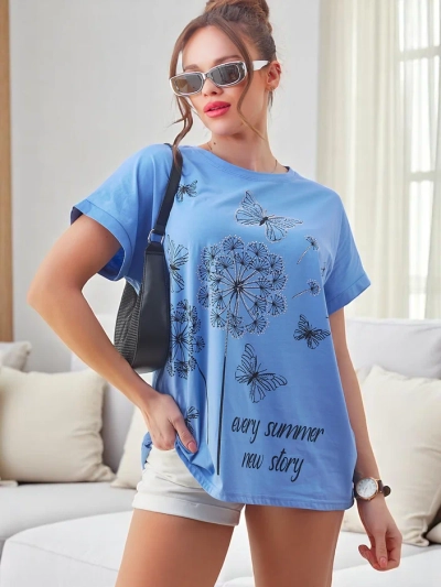 T-shirt din bumbac pentru femei Royalfashion cu papadii și un fluture