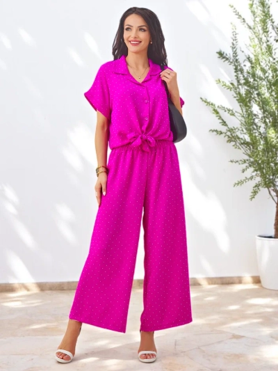 Royalfashion Set femei cu cămașă cu mânecă scurtă legată și pantaloni evazați cu strassuri