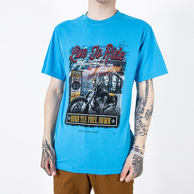 Tricou bărbătesc din bumbac, de culoare albastră, cu imprimeu - Îmbrăcăminte