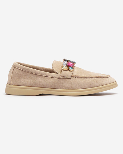 Mocasini pentru femei din piele de căprioară ecologică maro deschis cu cristale decorative Nellens- Footwear