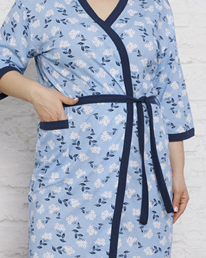 Halat de baie albastru pentru femei din bumbac cu model floral - Îmbrăcăminte