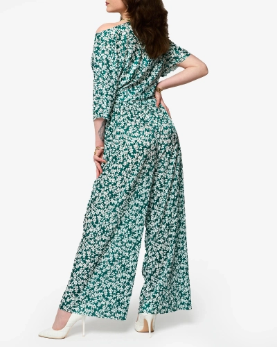 Set de damă plisat verde cu flori negre - Îmbrăcăminte