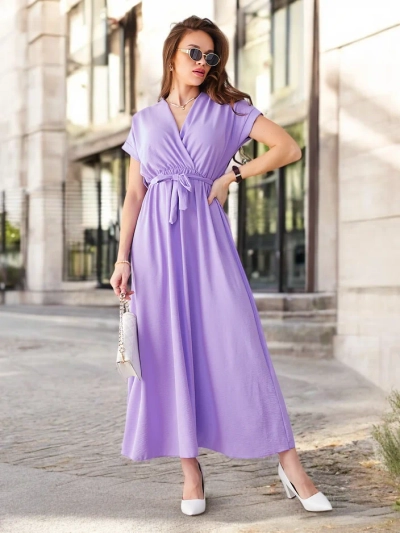Rochie midi pentru femei Royalfashion cu decolteu înfășurat, mâneci scurte și un centură