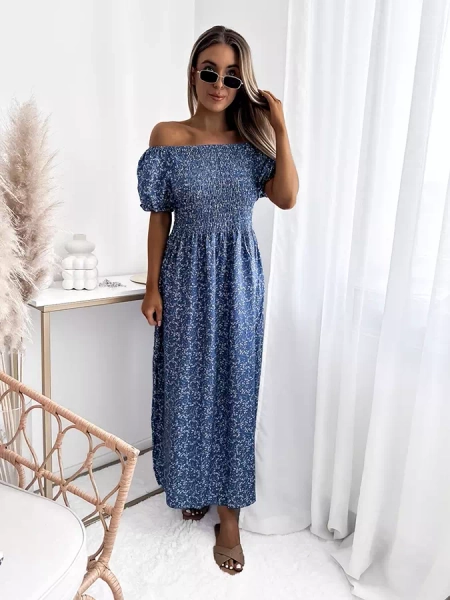 Rochie midi cu flori de culoare albastră pentru femei - Îmbrăcăminte
