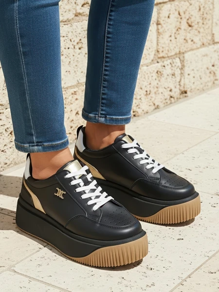Sneakers damă Hypatia Nero din piele ecologică cu platformă de 5 cm