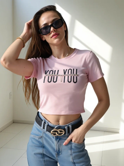 Royalfashion Top scurt din bumbac pentru femei cu inscripția